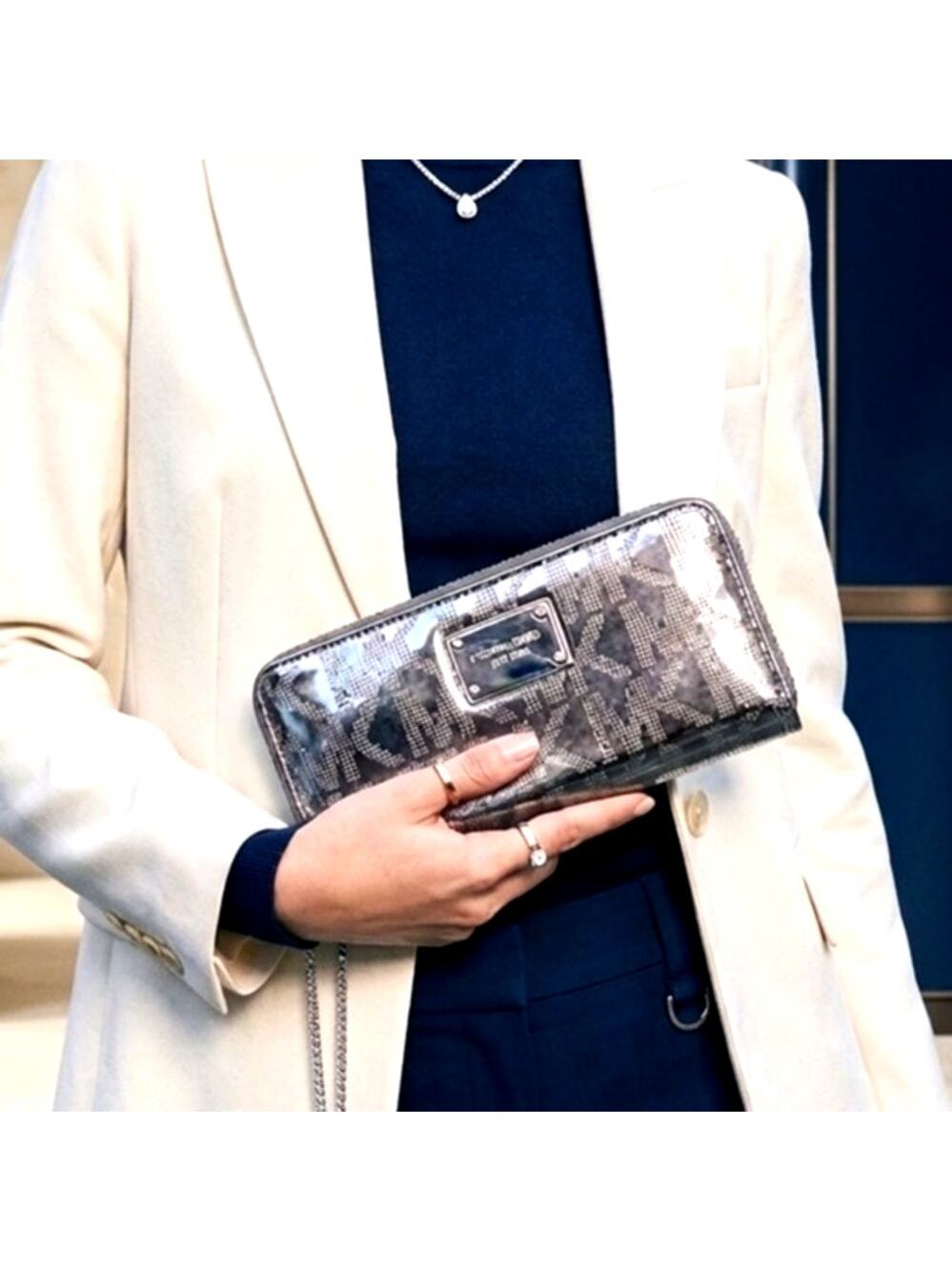 Michael Kors gunmetal mirror patent leather zip-around wallet silver MK print
